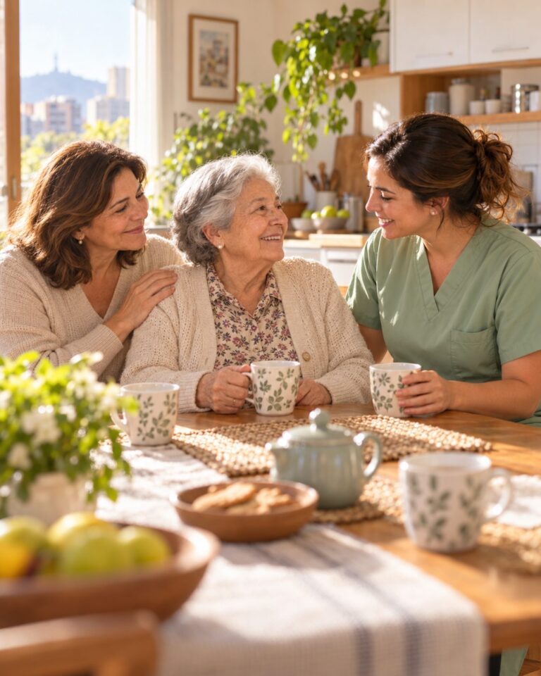 Enfermera tomando té con una adulta mayor y su hija en la cocina